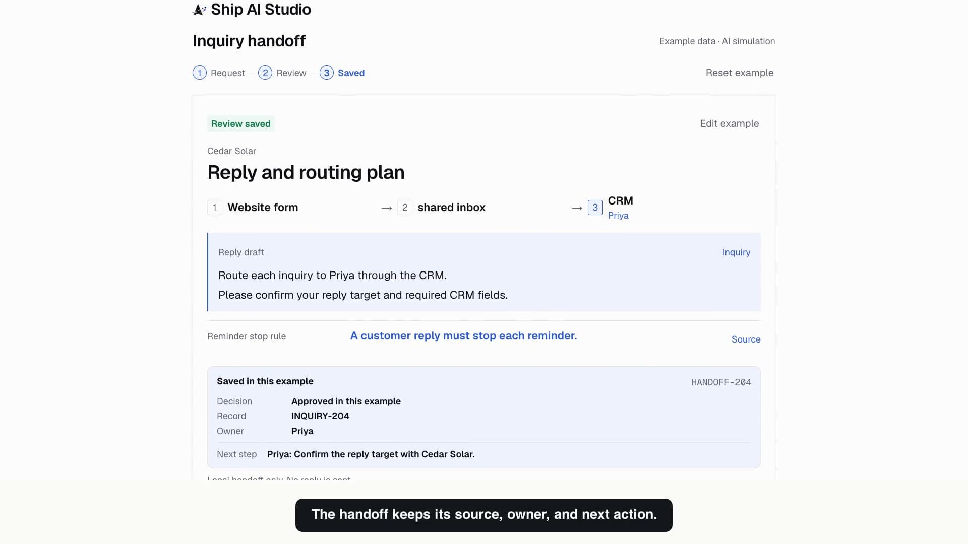 Example inquiry handoff with a reply draft, owner, and next action